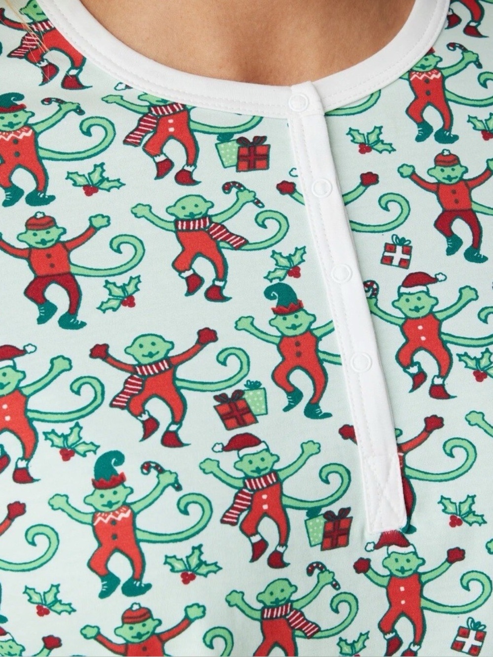 Roller Rabbit Mint Monkey Mas Christmas Pajama Top Womens XS Holiday Pima Cotton
